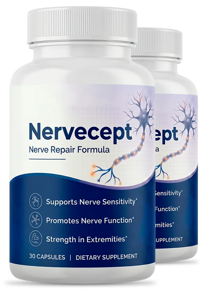 2 white Nervecept capsule bottles with navy labels