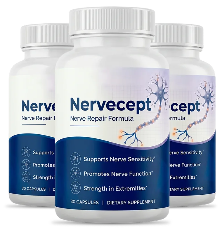 3 white Nervecept capsule bottles with navy labels