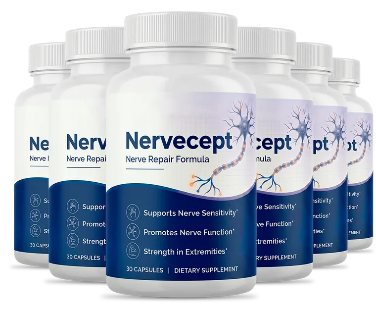 6 white Nervecept capsule bottles with navy labels