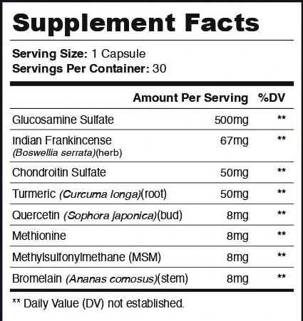 The Nervecept Supplement Facts panel: serving size 1 capsule, 30 servings, glucosamine 500 mg, frankincense 67 mg, chondroitin 50 mg, turmeric 50 mg, then four 8 mg lines
