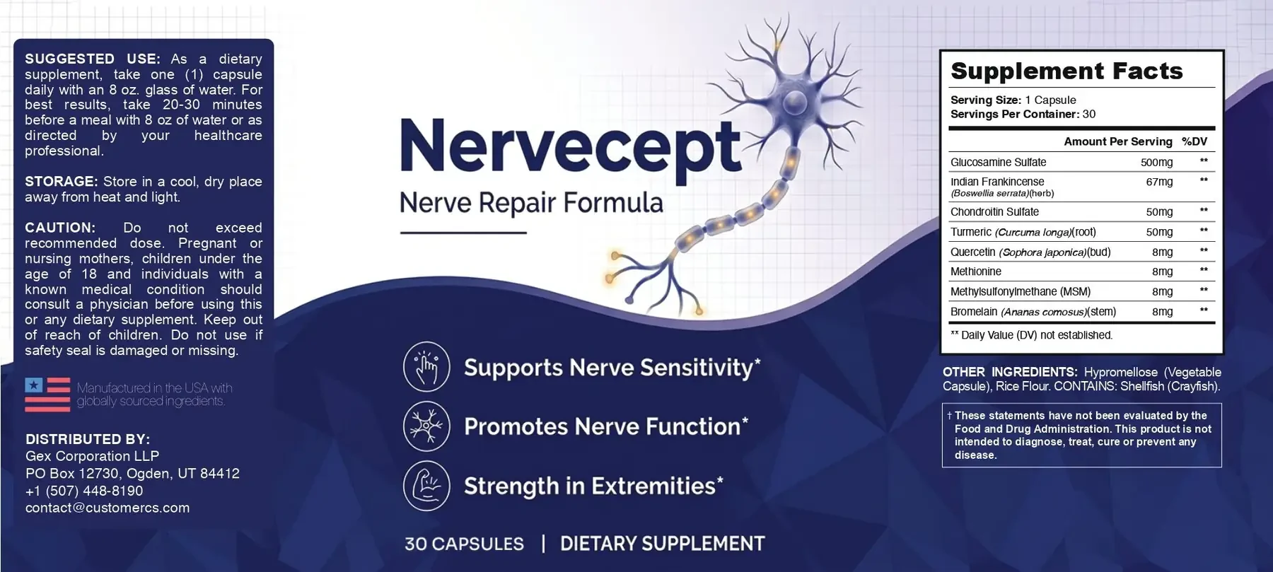 The flat Nervecept label: directions, storage, caution and distributor on the left; Nervecept, Nerve Repair Formula and three starred claims in the middle; the Supplement Facts panel on the right